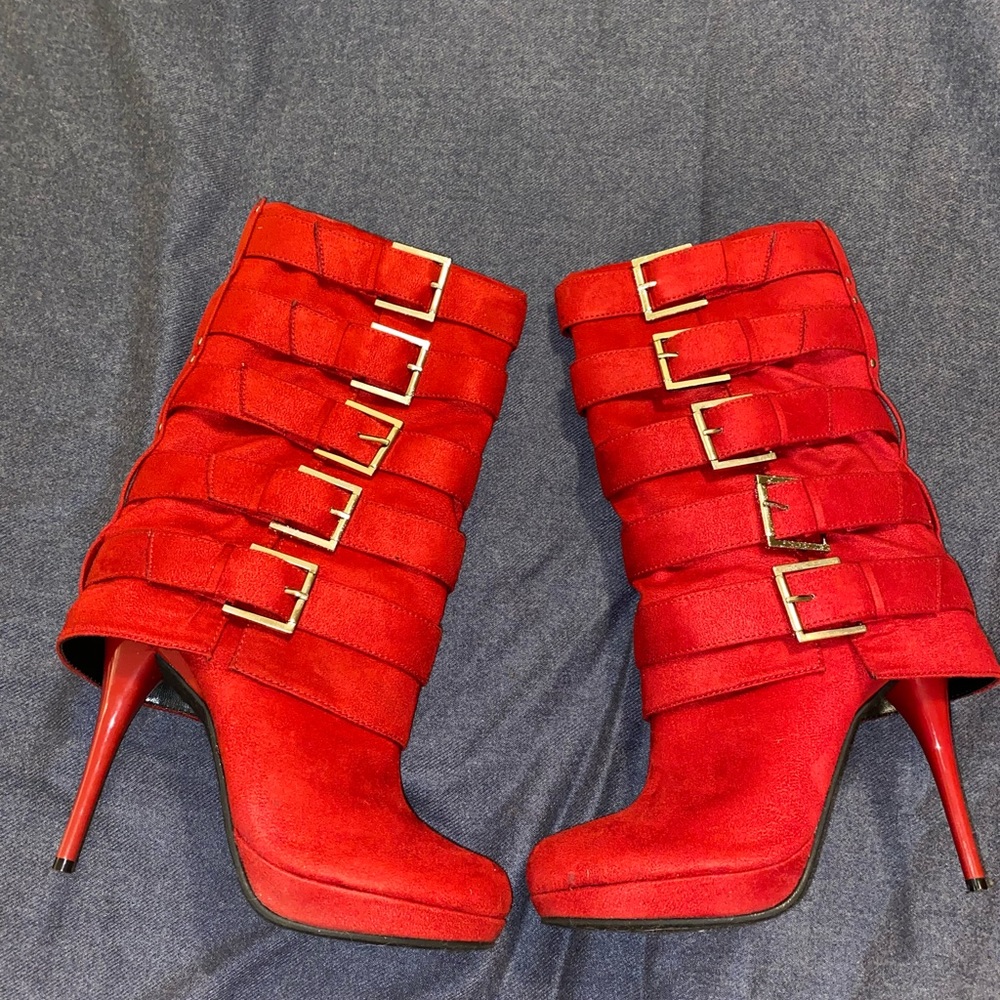Red silver buckled faux suede calf height boots